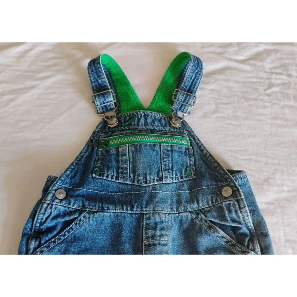 Vtg BABY GAP Denim Overalls Green Fleece Lined Zip Pocket Utility 18-24 Mo RARE
